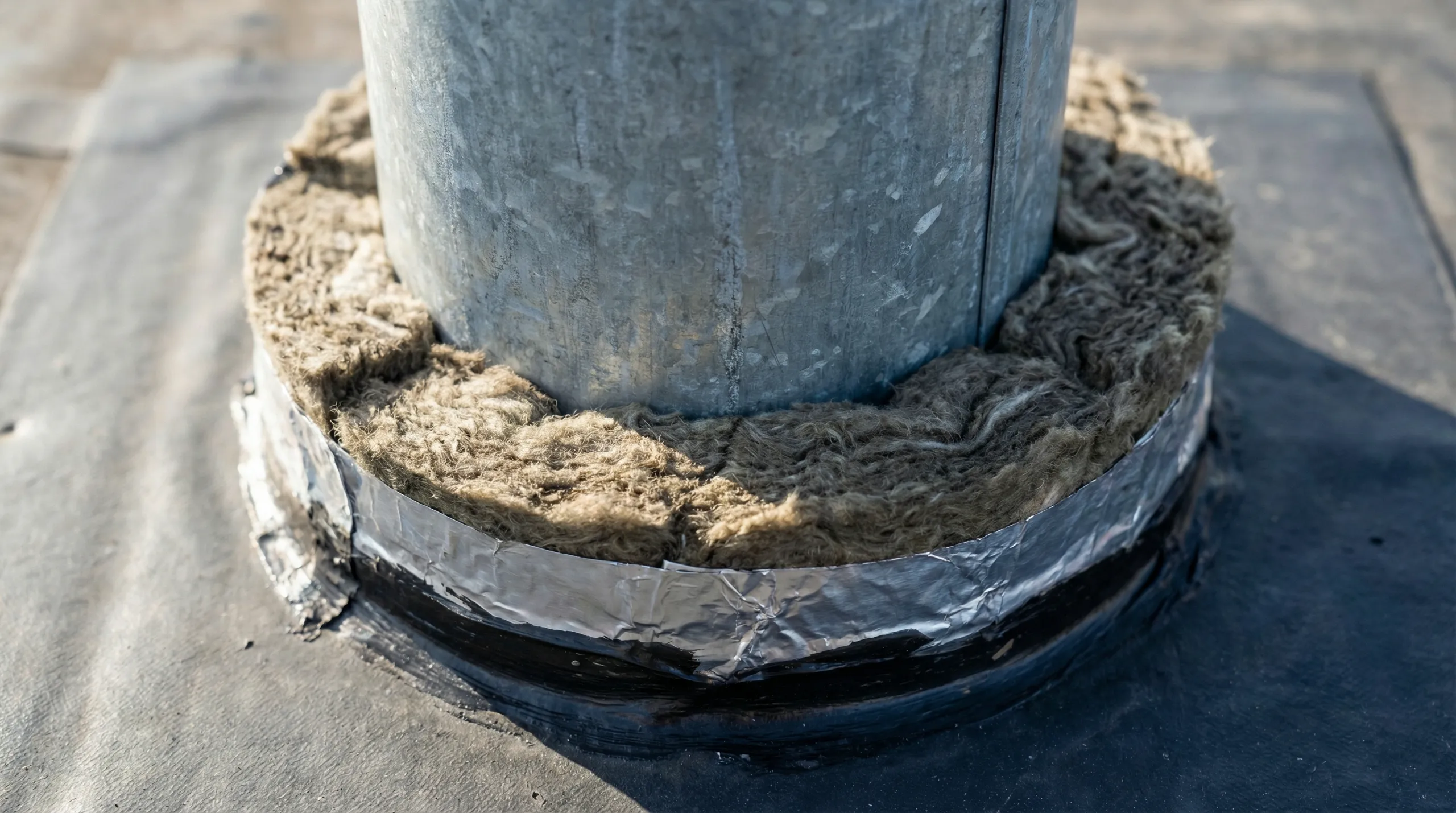 Izolacja dachu płaskiego wokół przewodu wentylacyjnego wełną mineralną