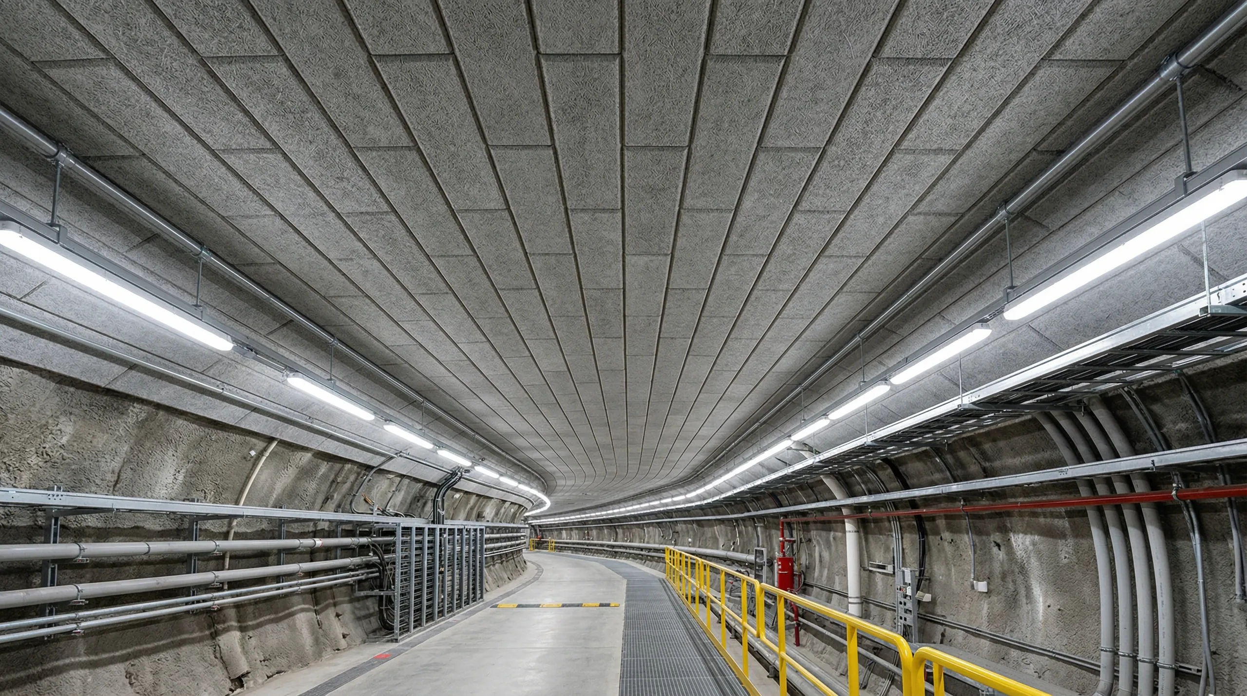 Tunel serwisowy z betonowym sufitem, liniowym oświetleniem, korytkami kablowymi i metalowymi barierkami